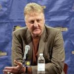 Larry Bird, Indiana Pacers president of basketball operations, announces that coach Jim O'Brien has been fired, during a news conference in Indianapolis, Sunday, Jan. 30, 2011. Assistant coach Frank Vogel has been named interim coach. (AP Photo/Tom Strattman)